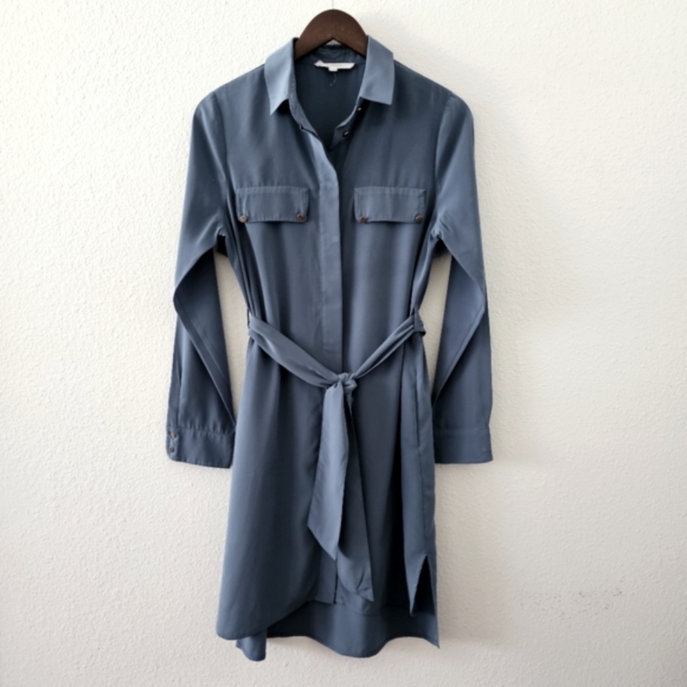 Wren & Willa shirt dress sz S blue button front tie belt long sleeve classic